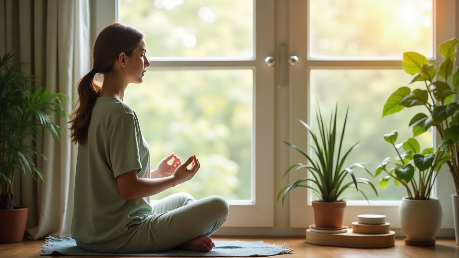 Personne assise près d'une fenêtre pratiquant une respiration lente et apaisée