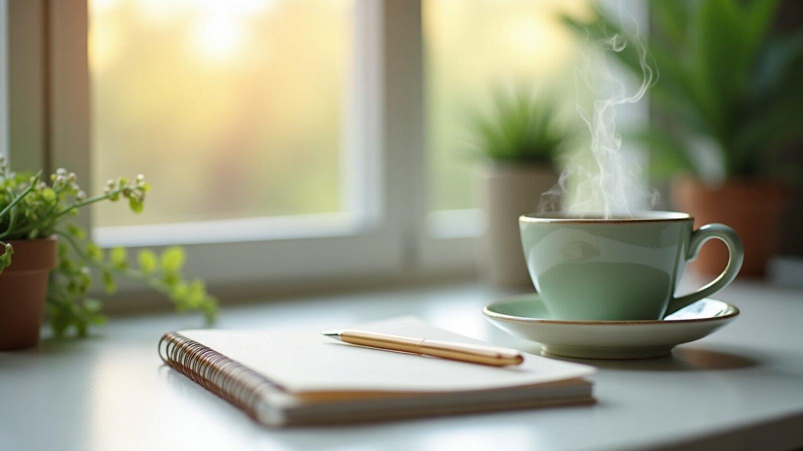 Micro-pause au bureau avec tisane et carnet pour relâcher la pression