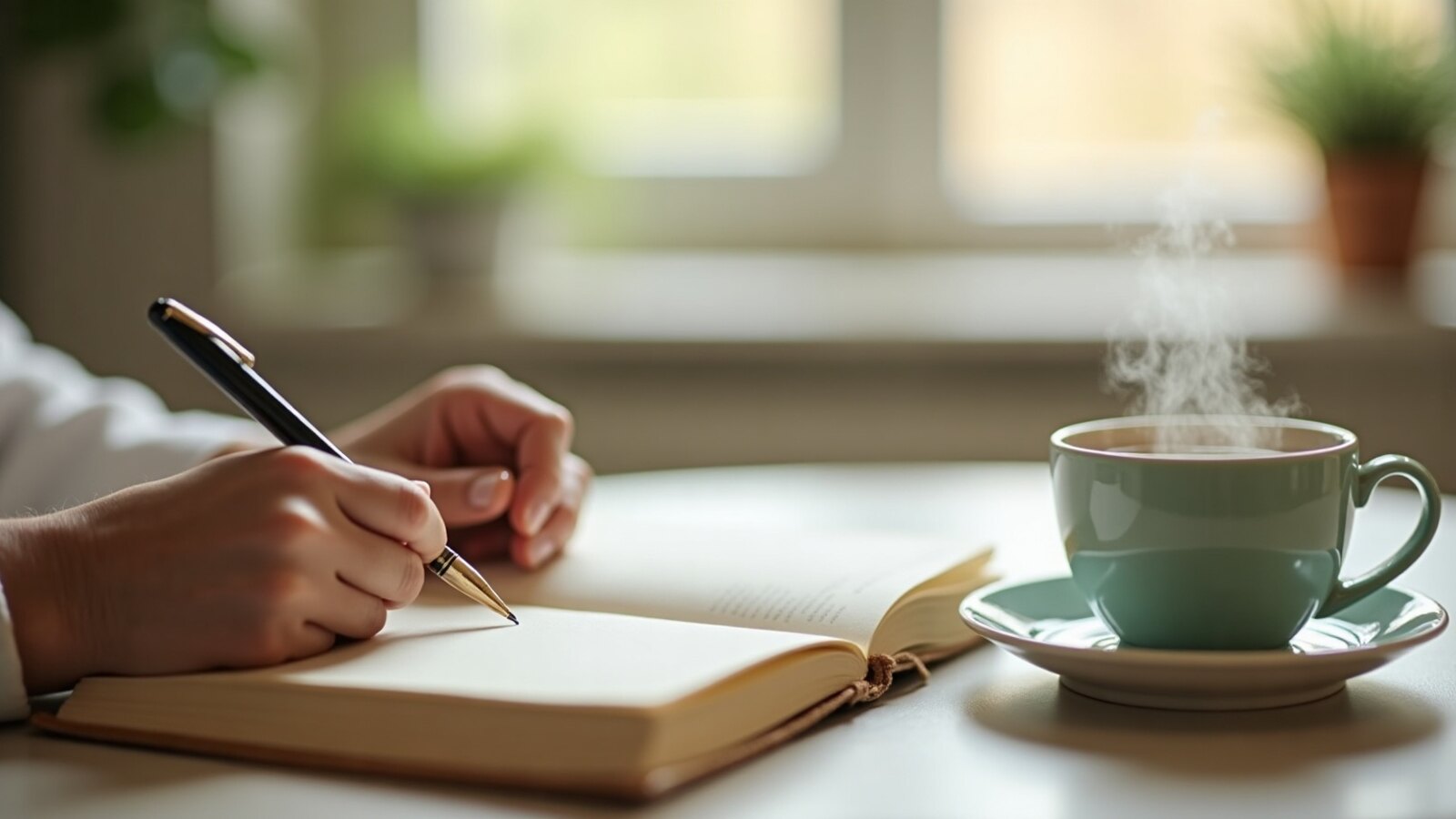 Mains écrivant dans un carnet avec une tasse de thé et lumière naturelle douce