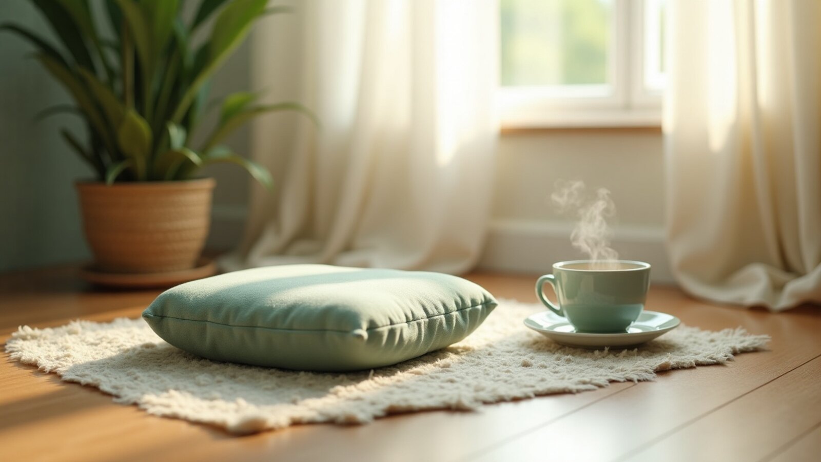Coin de méditation paisible avec coussin et lumière douce pour la pratique au quotidien