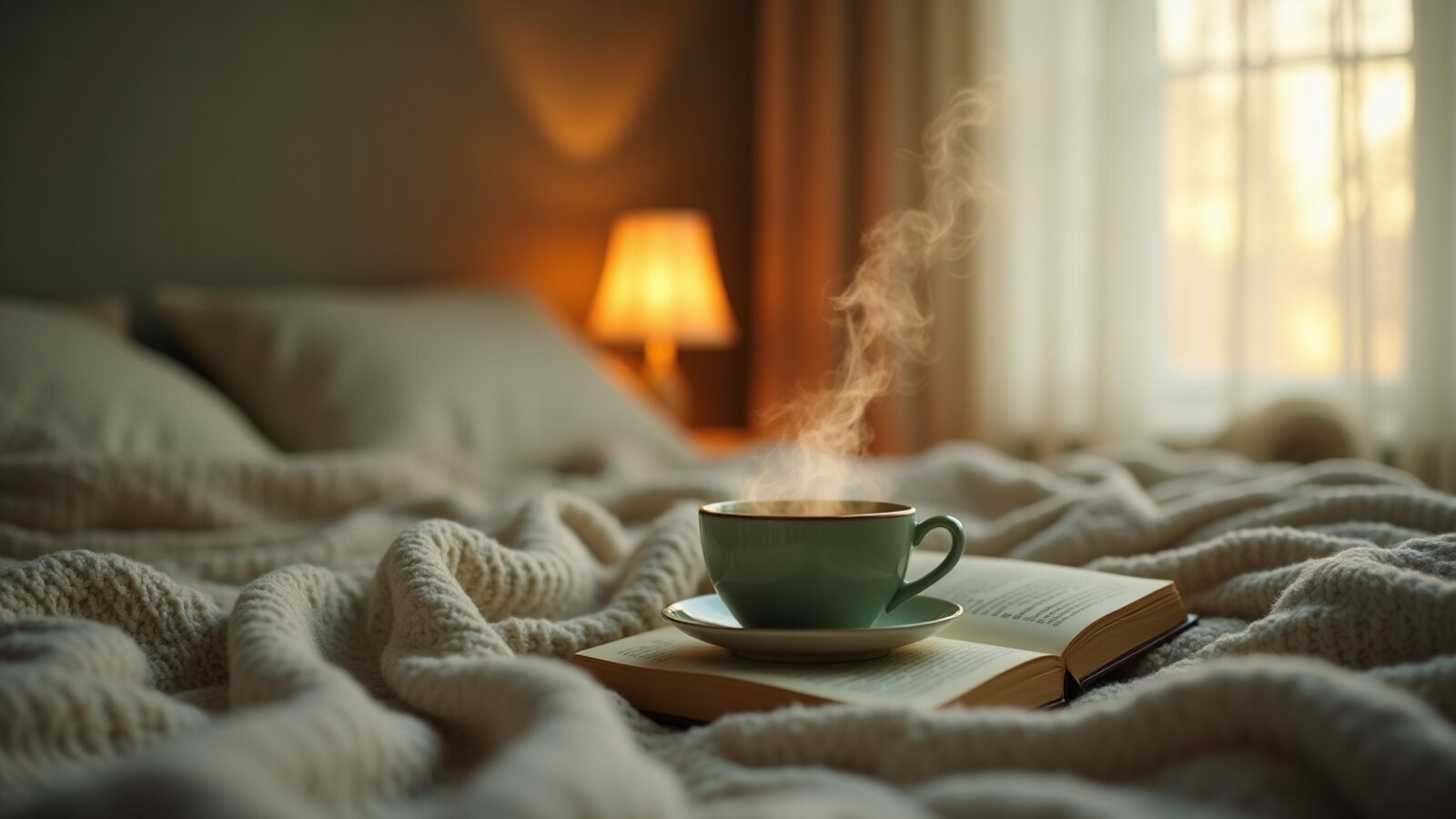 Rituel du soir avec tisane et lumière tamisée pour préparer le sommeil