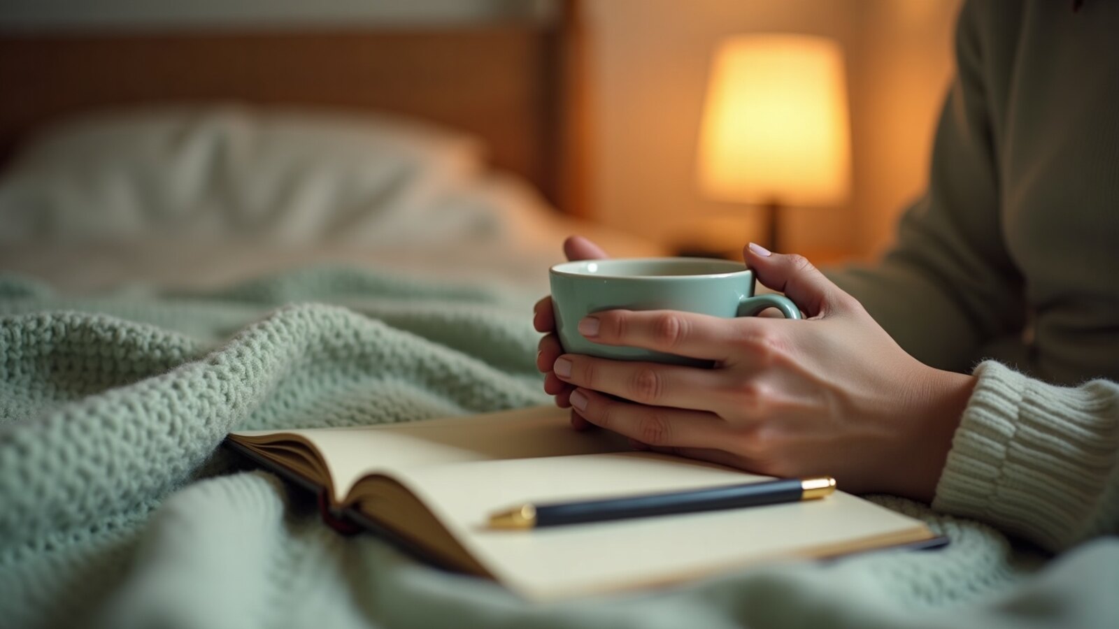 Rituel du soir avec tisane et carnet sous une lumière tamisée chaude
